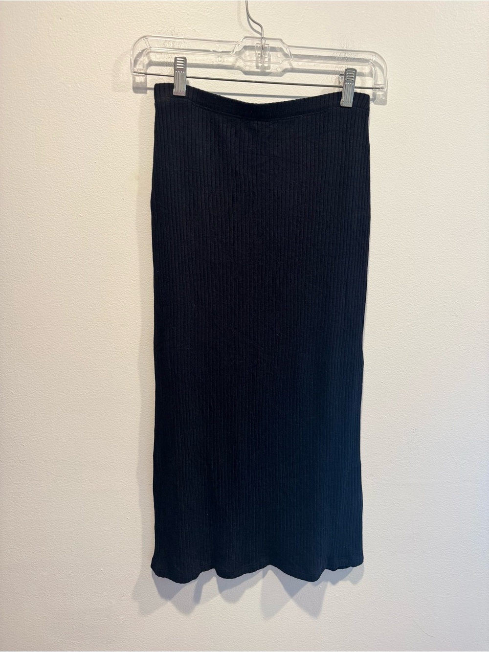 Reformation black ribbed knit column midi skirt